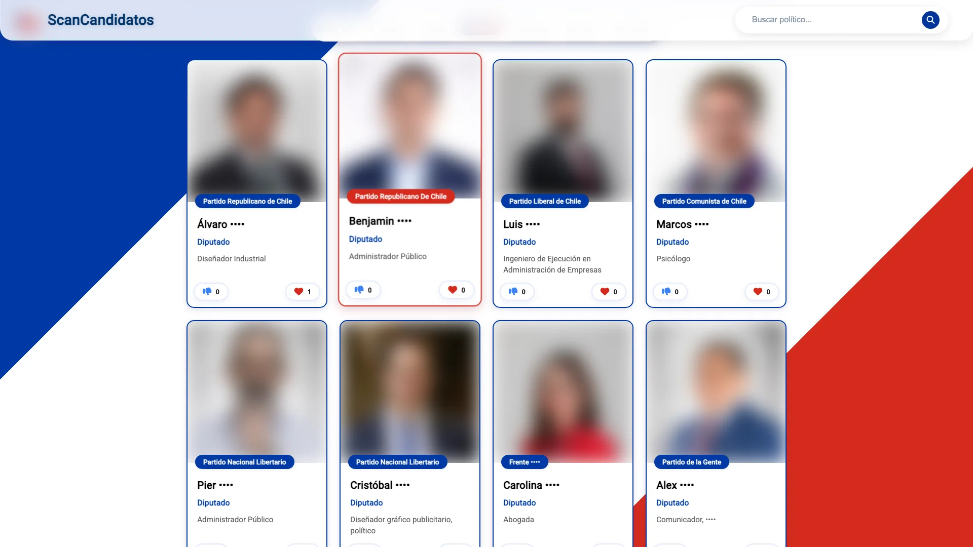 ScanCandidatos — listado de diputados (rostros y apellidos ofuscados)